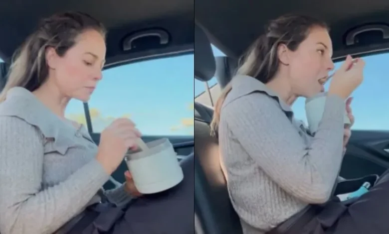 Paolla Oliveira ironiza rotina e almoça marmita no carro